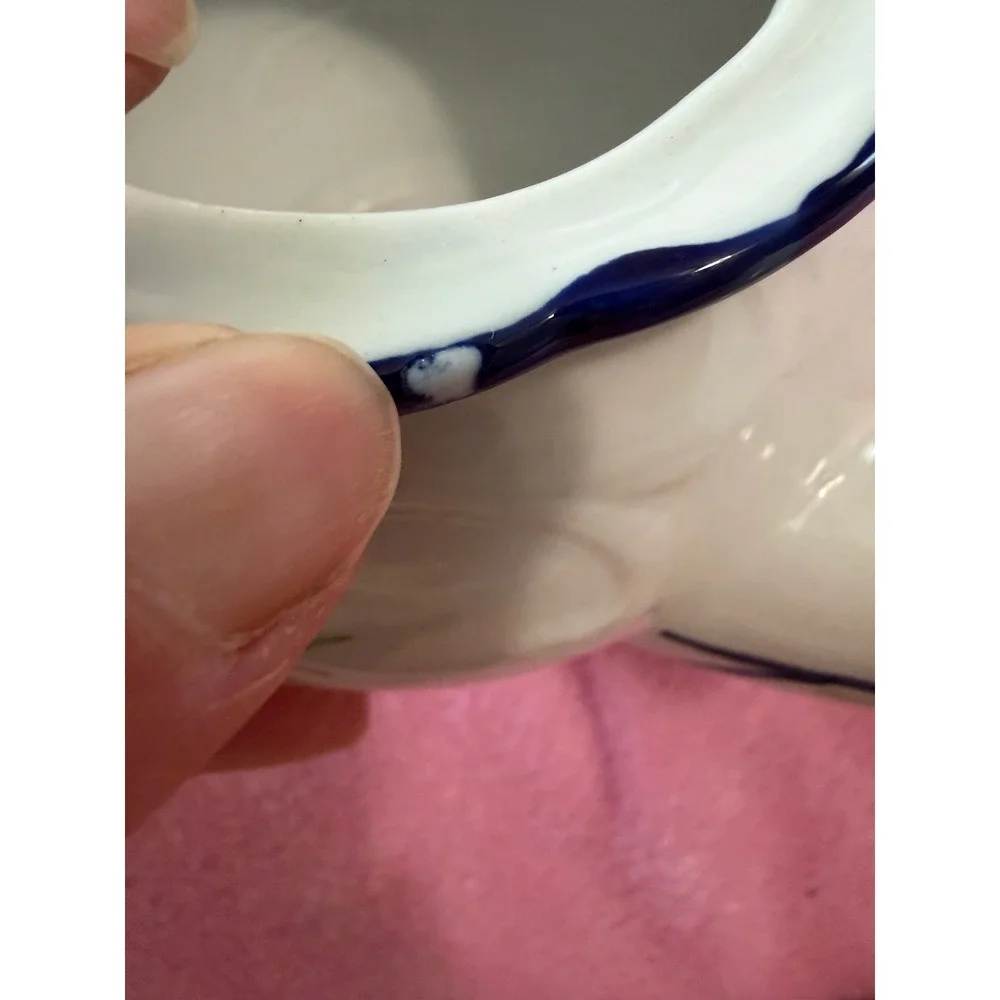 Vintage White Ceramic Teapot Blue Floral Hand Painted Cottagecore Tea Pot Lid